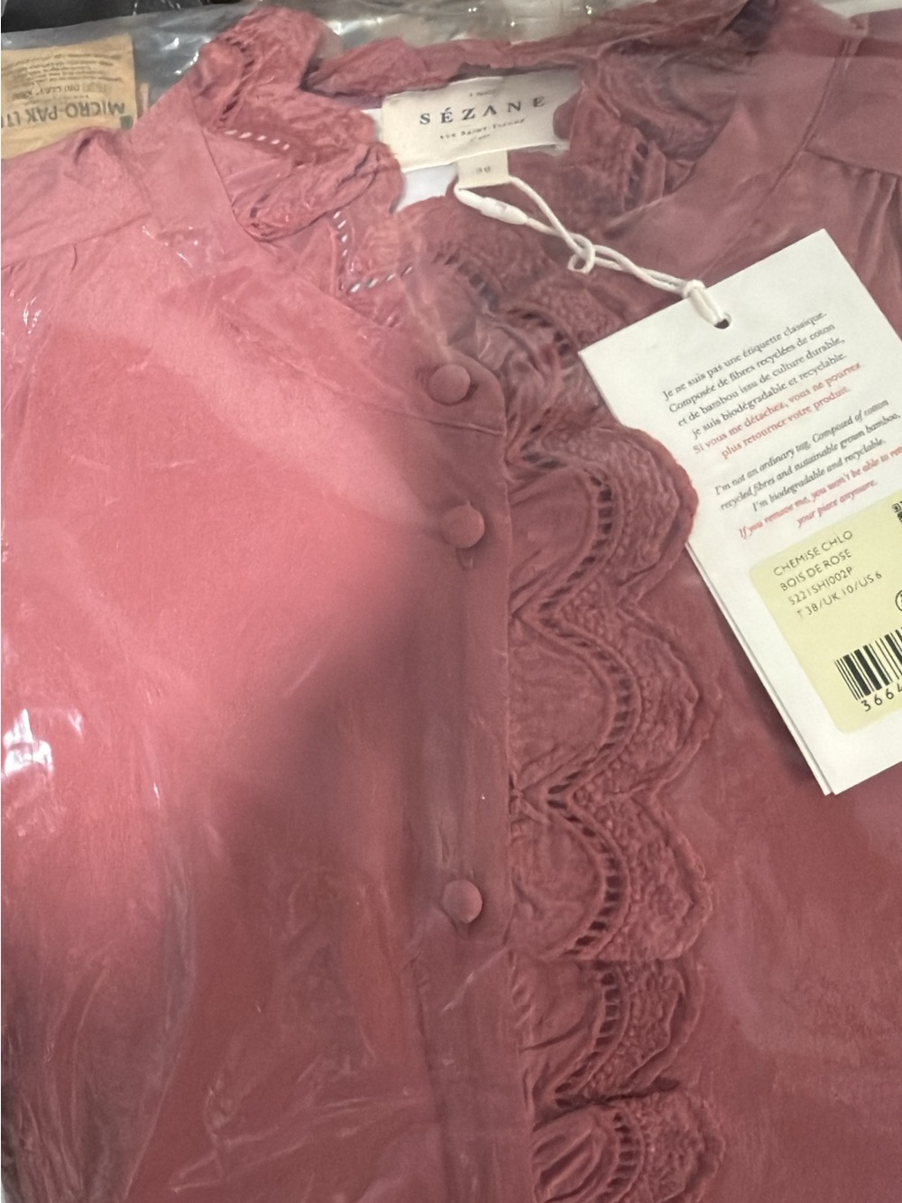 Sezane Chloe Pink Lace Trim Button Front Blouse %100 Silk NWT